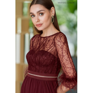 Vestido Longo de Renda com Mangas de Plumas e Fenda Alta