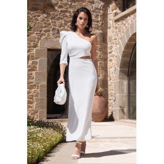 Vestido Branco Assimétrico com Mangas Embaluada