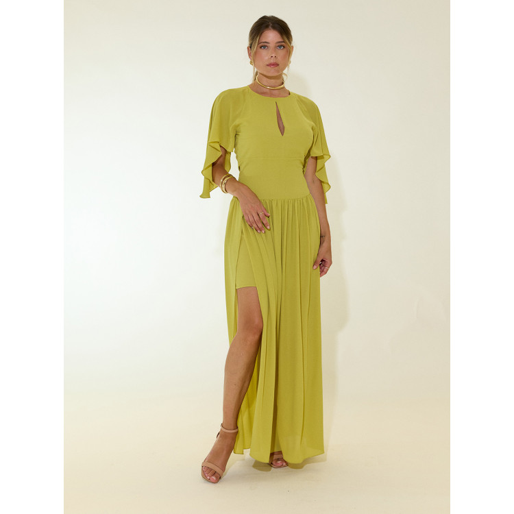 Vestido comprido com lágrima e manga aberta