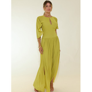Vestido comprido com lágrima e manga aberta