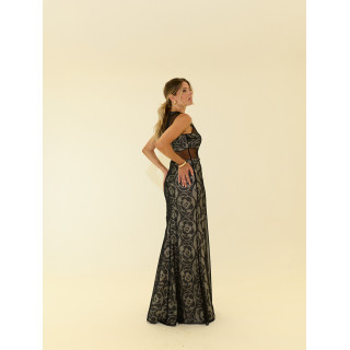 Vestido comprido estampado com tule