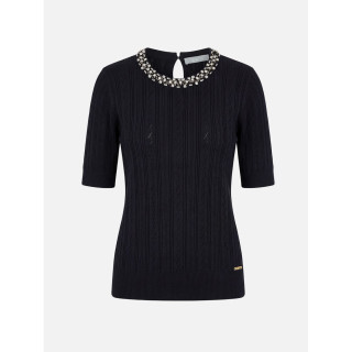 Camisola de malha perfurada com missangas na gola