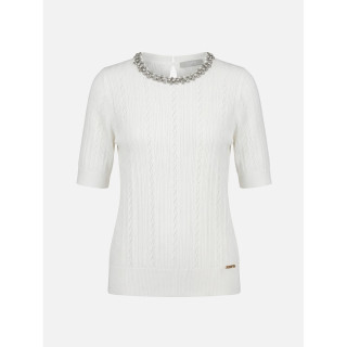 Camisola de malha perfurada com missangas na gola