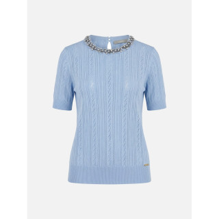 Camisola de malha perfurada com missangas na gola