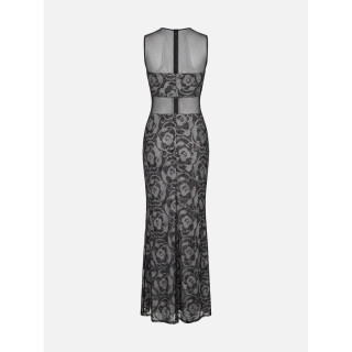 Vestido comprido estampado com tule
