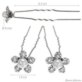 Gancho de Cabelo em U com Pérola e Flor em Strass