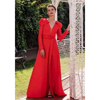 Vestido Comprido com Ombros Estruturados e Cinto Forrado