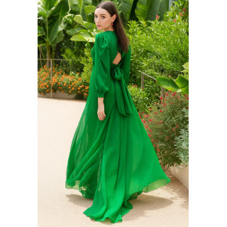 Vestido Esvoaçante com Manga Balão e Decote Profundo