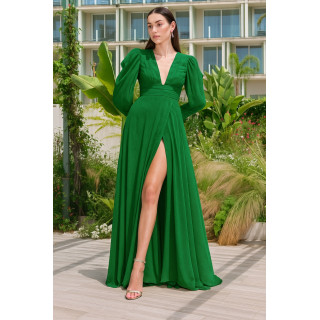 Vestido Esvoaçante com Manga Balão e Decote Profundo