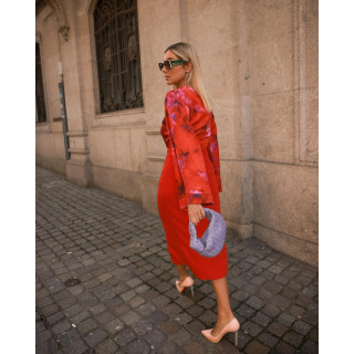 Vestido Midi com Estampa na Parte Superior e Saia Transpassada