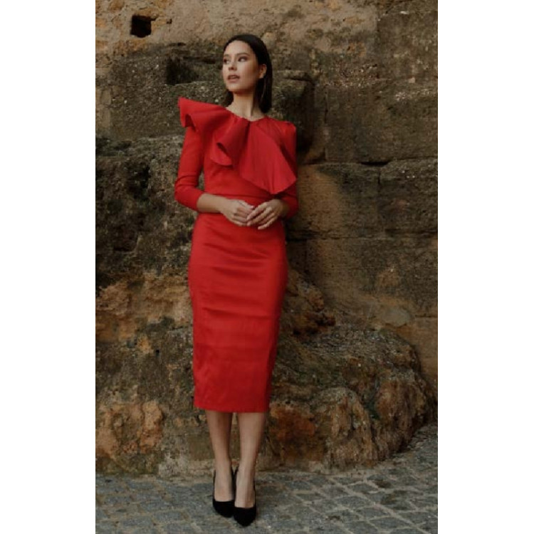 Vestido Midi Estruturado com Folho Assimétrico