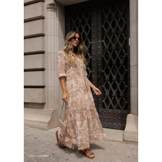 Vestido comprido estampado com folho